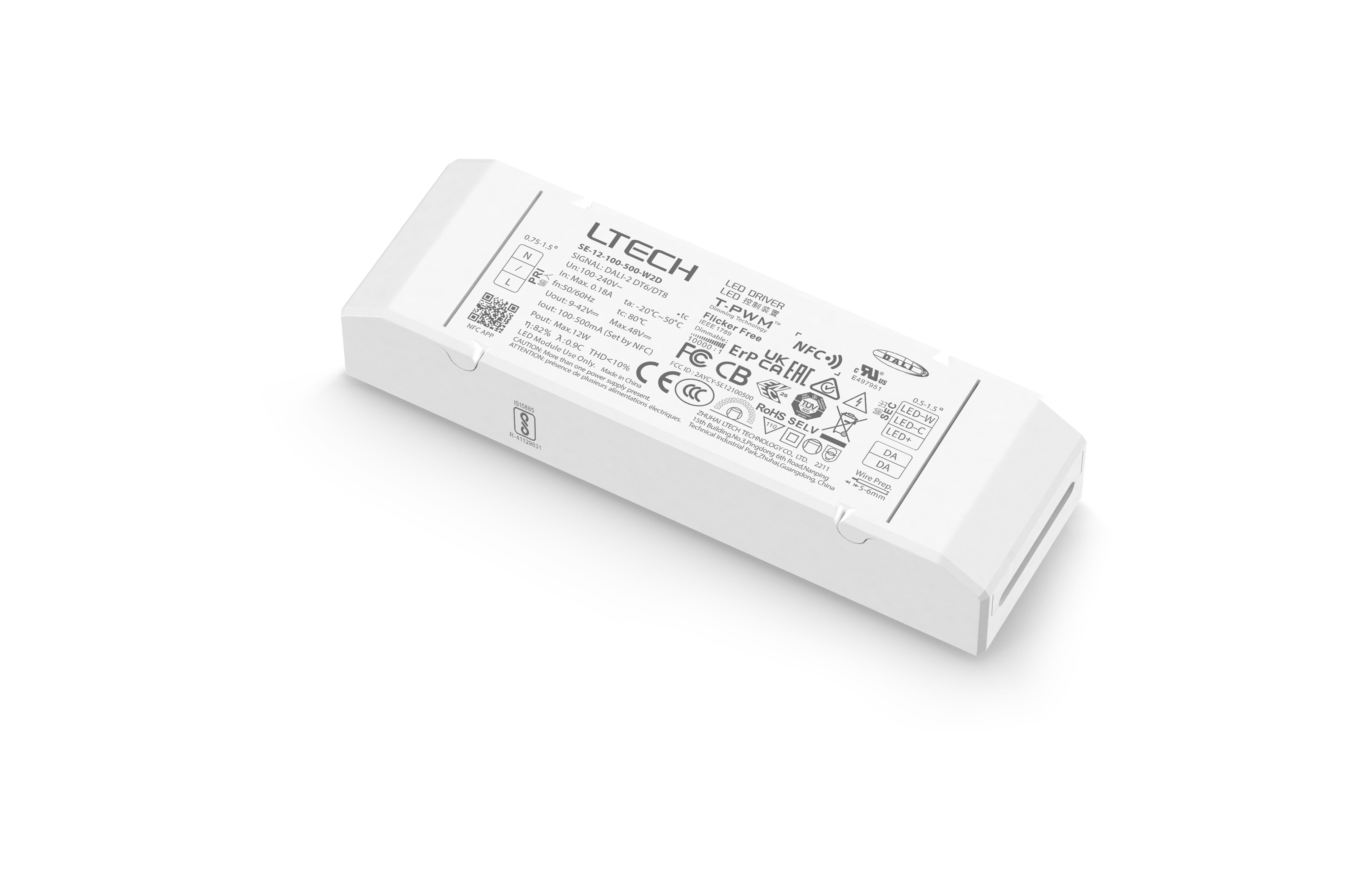 SE-12-100-500-W2D  Intelligent LED Driver, NFC DALI  0-100% Dim, PWM Digital Dim,DALI DT6/8 Tuneable, 12W 100-500mA 9-42Vdc  Out put Range.0.9-12W , IP20, 5yrs Wrnty.